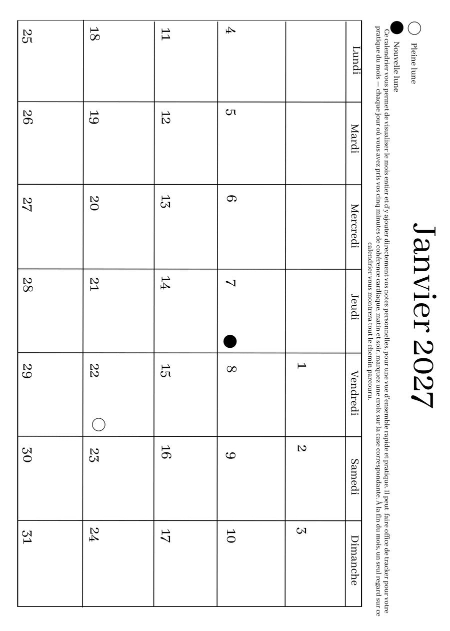 Calendrier mensuel avec phases lunaires, journal Khonsu